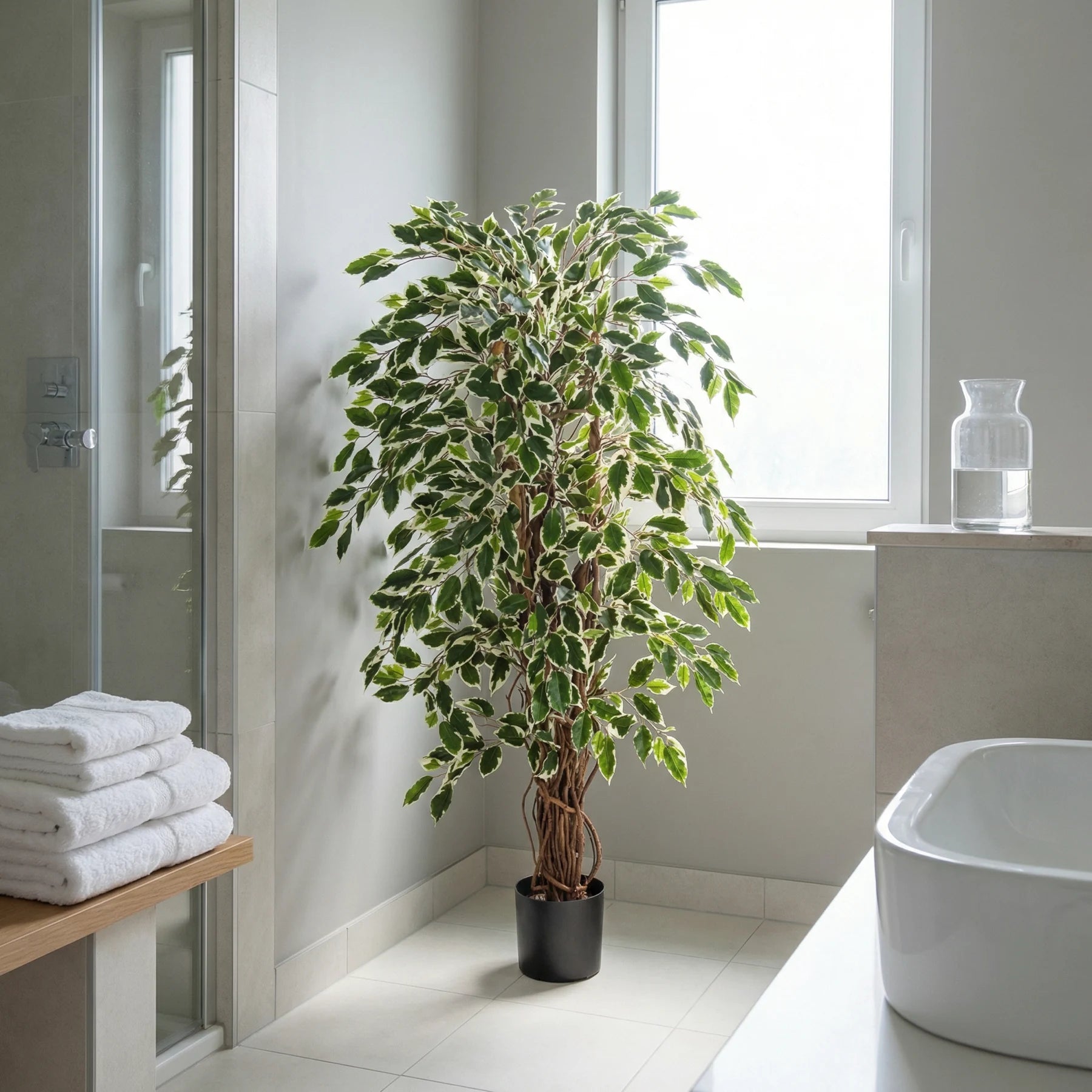 Künstlicher Ficus - Ravian, 120 cm, Kunstbaum von aplanta, mit Echtholzstamm, inkl. Startertopf, in Natur, für drinnen