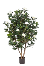 Künstliche japanische Kamelie - Patrice auf transparentem Hintergrund mit echt wirkenden Kunstblättern. Diese Kunstpflanze gehört zur Gattung/Familie der "Kamelien" bzw. "Kunst-Kamelien".